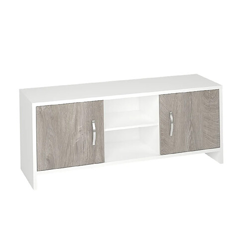 Pegane Meuble TV coloris blanc/chêne - Hauteur 60 x Longueur 140 x Profondeur 40 cm