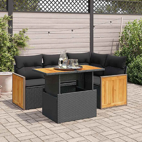 vidaXL Salon de jardin 5 pcs avec coussins noir résine tressée acacia