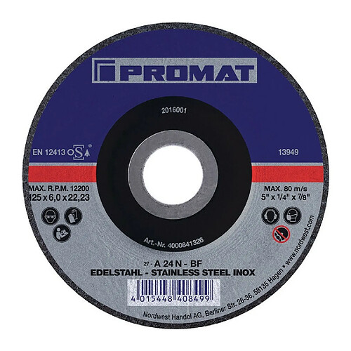 PROMAT Meule à ébarber D125xép.6 mm contre-coudé INOX perçage 22,23 mm (Par 10)