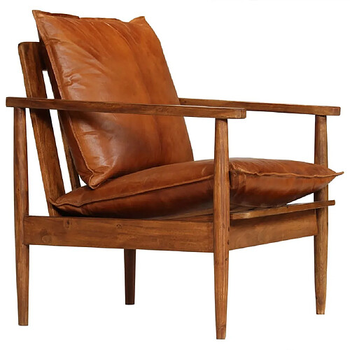 Maison Chic Fauteuil Relax pour salon | Fauteuil Marron Cuir véritable avec bois d'acacia -GKD60214