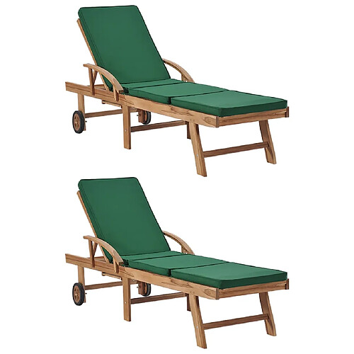 Helloshop26 Lot de 2 transats chaise longue bain de soleil lit de jardin terrasse meuble d'extérieur avec coussins bois de teck solide vert 02_0012156