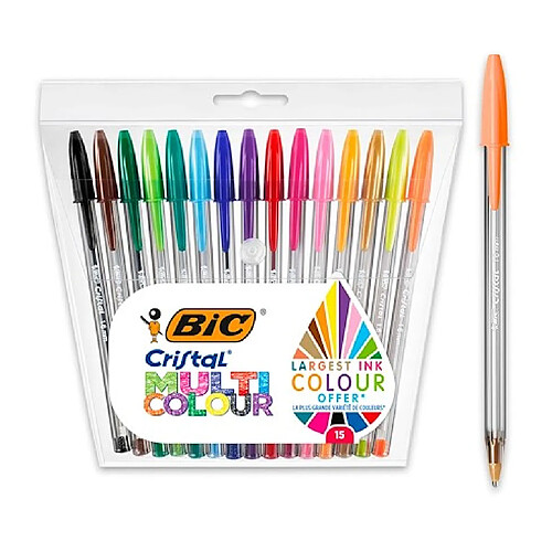 Stylo bille Bic Cristal Multicolour écriture large - Pochette de 15 couleurs assorties