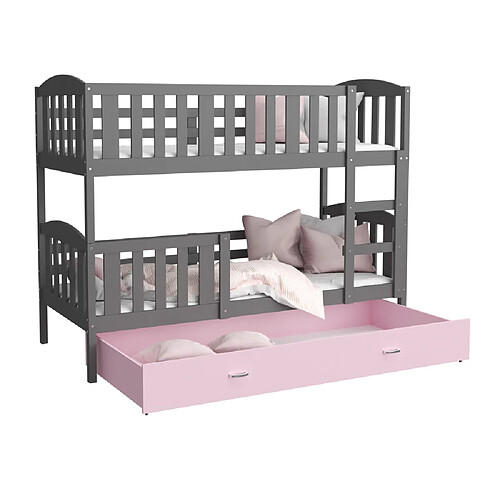 Kids Literie Lit Superposé Teo 90x190 Gris - rose Livré avec sommiers, tiroir et matelas en mousse de 7cm