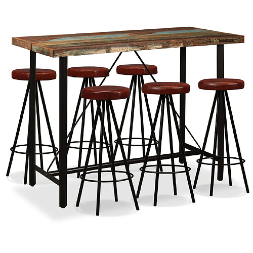 vidaXL Ensemble de bar 7 pcs Bois massif recyclé et cuir véritable