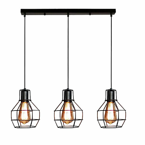 STOEX Lustre Suspension Industrielle Cage en Fer Métal avec Barre de 3 Luminaire E27 Noir