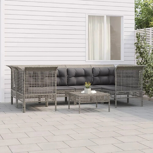 vidaXL Salon de jardin 7 pcs avec coussins Gris Résine tressée