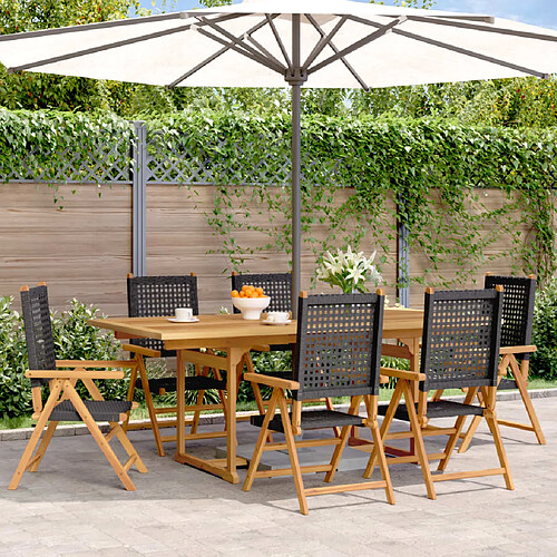 vidaXL Ensemble à manger de jardin 7 pcs noir rotin et bois massif