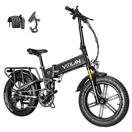 Vitilan i7 Pro 2.0 Vélo électrique pliable, gros pneu 20 * 4,0 pouces 750 W Moteur Bafang 48 V 20 Ah Batterie amovible - Noir