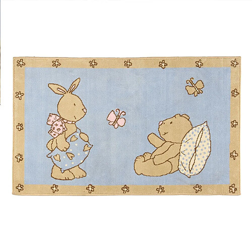 Thedecofactory OURSON - Tapis avec petit ourson et lapin bleu et beige 60x100