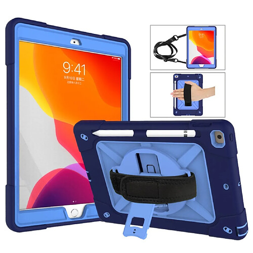 Coque en TPU + Silicone avec béquille pivotante à 360 ° et sangle bleu pour votre Apple iPad 10.2 (2019)