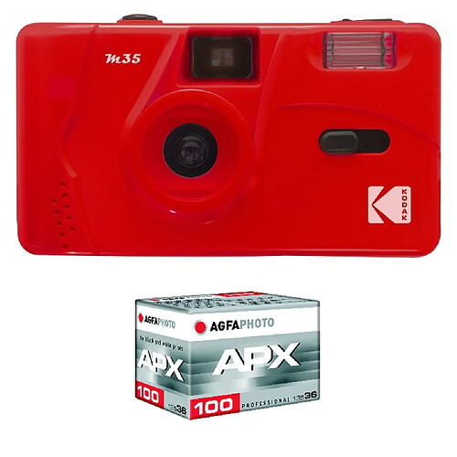 KODAK Pack M35 Argentique + Pellicule APX 100, 36 poses - Appareil Photo Kodak Rechargeable 35mm Scarlet, Objectif Grand Angle Fixe - Scarlet