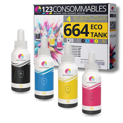 123Consommables Pack compatible avec EPSON 664 ECOTANK, 4 bouteilles d'encre