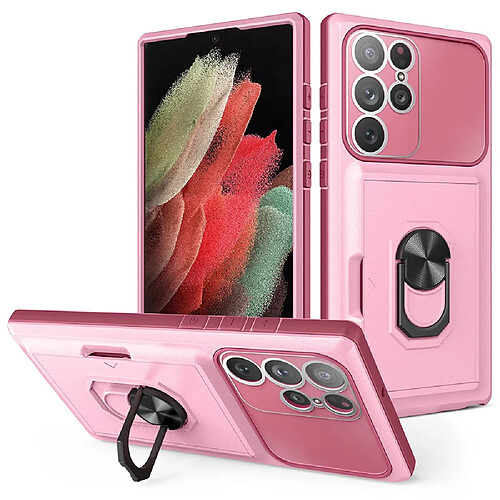 Coque en TPU + acrylique antichoc avec béquille en anneau et porte-carte Rose/rouge vin pour votre Samsung Galaxy S22 Ultra 5G