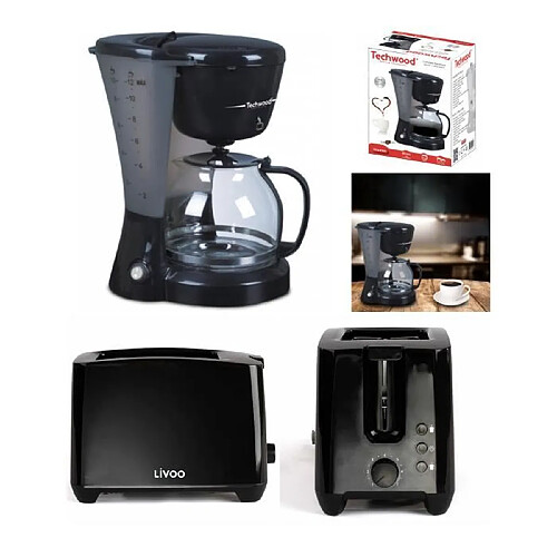 Techwood Cafetière électrique 800W Noire Ecran LCD 1.2L 12 Tasses maintien au chaud + Grille-pain Longue Fente 750W