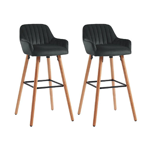 Vente-Unique Lot de 2 tabourets de bar en velours et pieds bois de hêtre - Noir - ELEANA