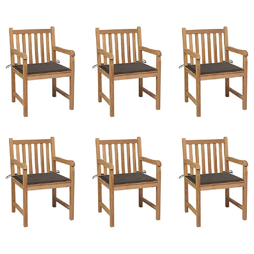 vidaXL Chaises de jardin lot de 6 et coussins taupe Bois teck massif