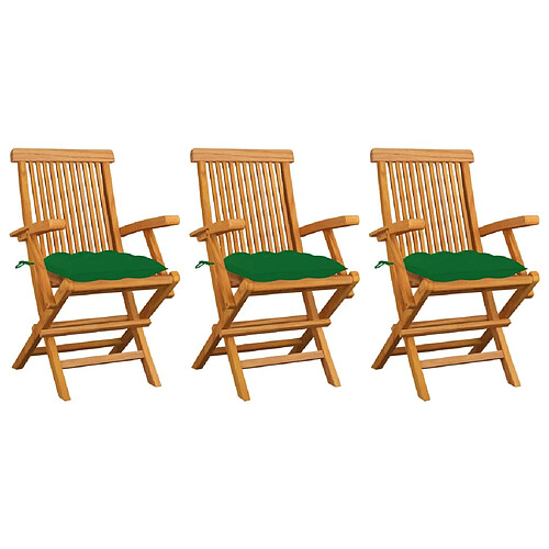 vidaXL Chaises de jardin avec coussins vert lot de 3 Bois teck massif