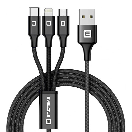 Evelatus LTM01 Câble de données et de chargement tressé en nylon 3 en 1 Éclairage Type-C Micro 1 m USB Noir