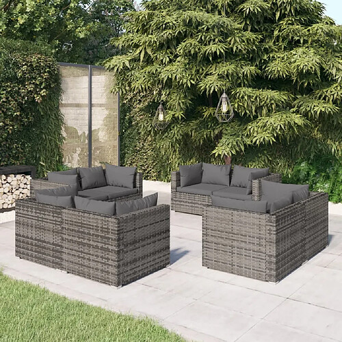 vidaXL Salon de jardin 8 pcs avec coussins Résine tressée Gris