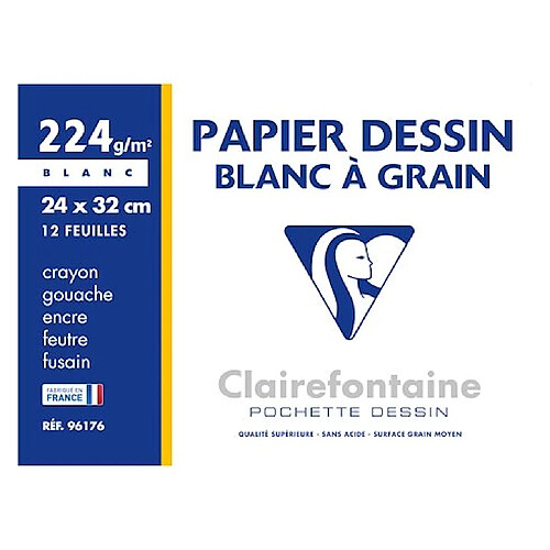 Pochette 12 feuilles papier dessin blanc A4+ Clairefontaine à grain 224 g