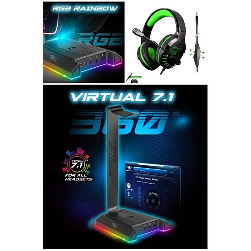 Spirit of Gamer CASQUE GAMER XBOX ONE X/S RGB + Support Casque Surround 7.1 Gaming RGB Porte Casque Gamer Multifonctions 9 Effets Lumineux Pour PC/P