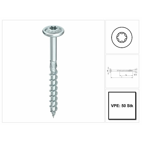 HECO TOPIX plus Vis à bois professionnelle 8,0 x 260 mm, Filetage partiel , Tête ronde large, T-Drive, Galvanisé bleu, A3K, 50pcs. ( 61353 )