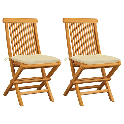 vidaXL Chaises de jardin lot de 2 et coussins blanc crème Teck massif