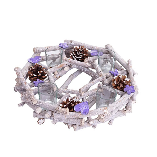 Decoshop26 Couronne de l'Avent ronde avec photophores décoration de Noël bois Ø 30cm violet-gris 04_0002561