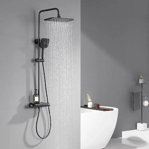 Lonheo MAX Colonne de Douche Thermostatique 38°C Avec Table de Rangement en Verre Trempé, Colonne de Douche de Salle de Bain, Noir, Réglable en Hauteur