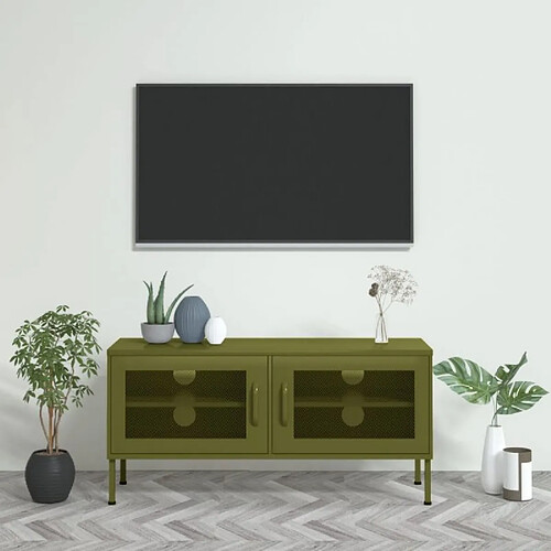 vidaXL Meuble TV Vert olive 105x35x50 cm Acier