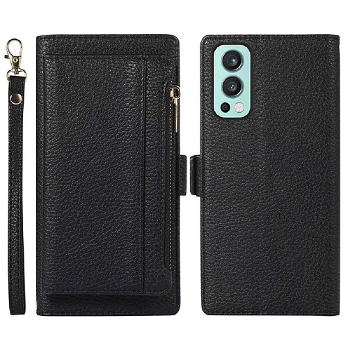 Etui en PU texture litchi, antichoc, magnétique avec support, pochette à fermeture éclair et sangle pour votre OnePlus Nord 2 5G - noir