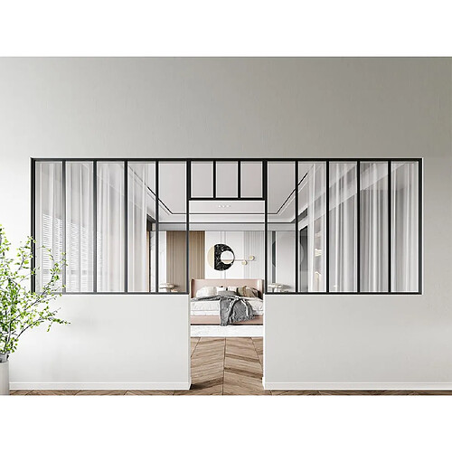 Vente-Unique Lot de 2 verrières atelier avec imposte en aluminium thermolaqué - 2 x L150 x H130 + L73 x H40 cm - Noir - BAYVIEW