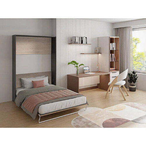 Vente-Unique Lit escamotable 140 x 200 cm - Ouverture verticale manuelle - Coloris : Naturel et anthracite + Matelas - MALINA II