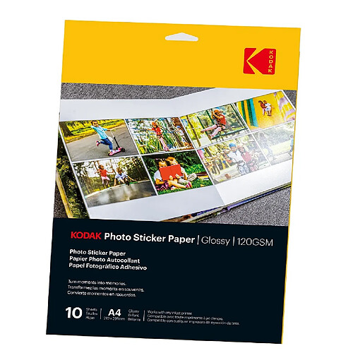 KODAK Photo Sticker Paper - Pack de 10 feuilles de papier photo autocollant - Format 21 x 29.7 cm (A4) - Finition brillante - 120 gsm - Blanco