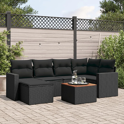 vidaXL Salon de jardin 7 pcs avec coussins noir résine tressée