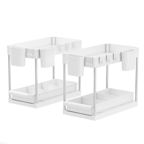 Secury-T Rangement sous évier/étagère cuisine, blanc, 2 niveaux avec tiroir Lot de 2