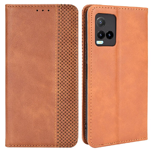 Etui en PU + TPU fermeture automatique magnétique à surface texturée rétro avec support marron pour votre Vivo Y33s/Y21/Y21s