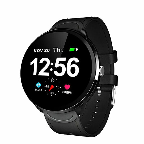 Lemfo V12 Full Touch Smart Watch Waterproof Heart Rate Monitoring Blood Pressure Smart Wristband Black Frame + Black Leather