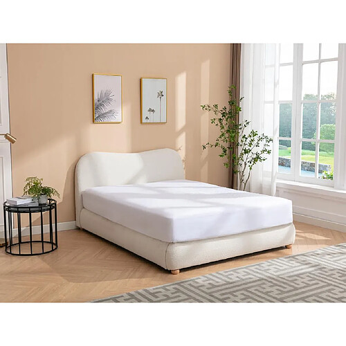 Vente-Unique Lit coffre 140 x 190 cm - Tissu bouclette - Blanc + Matelas - VANARI