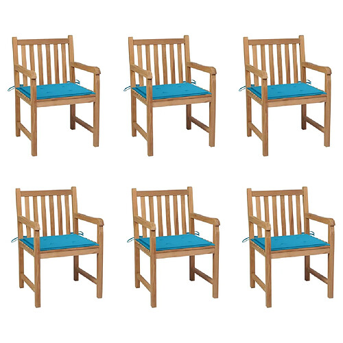 vidaXL Chaises de jardin lot de 6 et coussins bleu Bois de teck massif