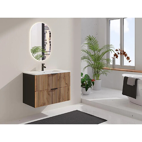 Vente-Unique Meuble de salle de bain suspendu avec vasque à encastrer - Naturel clair et noir - 80 cm - MADELA