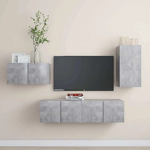 Maison Chic Ensemble de meubles TV 4 pcs | Banc TV Moderne pour salon | Meuble de Rangement - Gris béton Aggloméré -MN23002