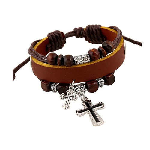 YP Select Bois Coloré Perlé Croix Religieux Charme Wrap Bracelet Brun Clair