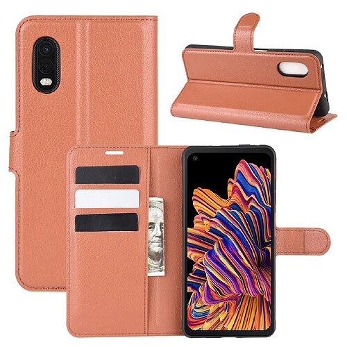 Etui en PU peau de litchi avec support marron pour votre Samsung Galaxy Xcover Pro