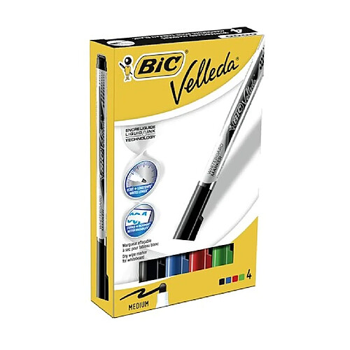 Marqueur effaçable Bic Velleda encre liquide pointe ogive moyenne 2,2 mm - Boîte de 4 coloris classique