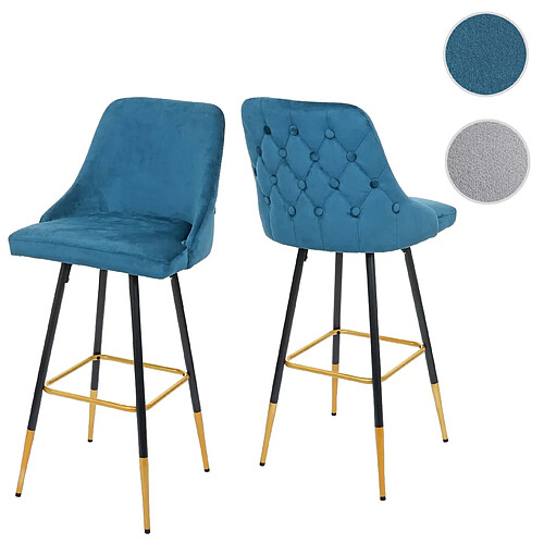 Mendler 2x tabouret de bar HWC-E70, chaise de bar/comptoir, design rétro, velours, haubans/pieds dorés ~ pétrole