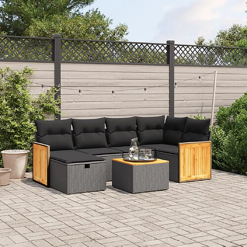 vidaXL Salon de jardin 7 pcs avec coussins noir résine tressée