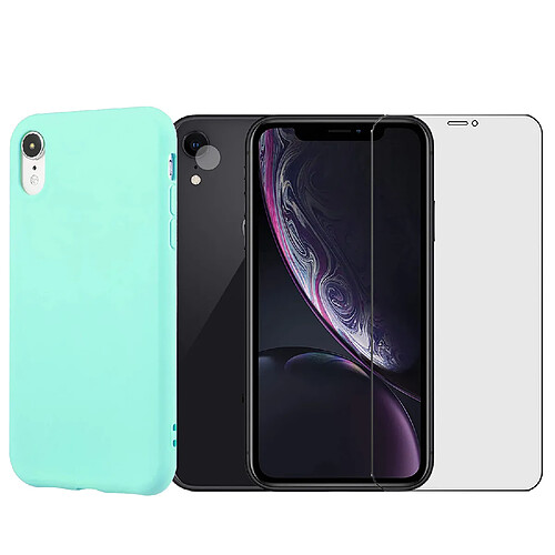 Protection intégrale Verre Trempé pour iPhone XR + Verre Trempé Caméra Arrière + Coque souple silicone Turquoise - Visiodirect -