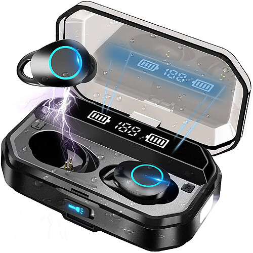 Chrono Écouteurs sans Fil Casque Bluetooth 5.0 avec Torche LED, Casque Sport Étanche IPX7 avec Micro / 120 Heures/Stéréo HiFi HD/Basses Profondes Immersives/Contrôle Tactile/Suppression du Bruit(Noir)