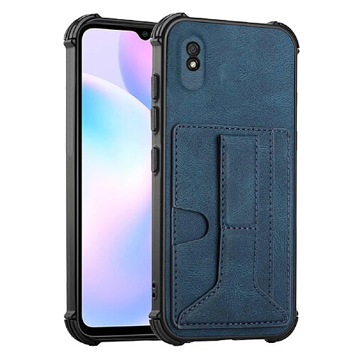 Coque en TPU + PU antichute, rigide avec béquille, porte-cartes bleu pour votre Xiaomi Redmi 9A